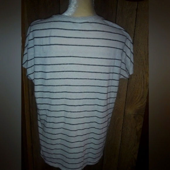 Cream & Black Size Large Loosefit Blouse V Neck Short Sleeved Top Shirt - Picture 2 of 4